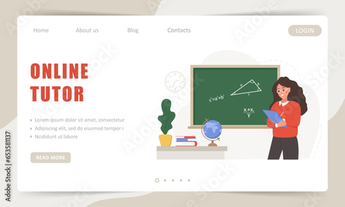 Online tutor. Landing page template. Female teacher in classroom at chalkboard. School and college concept. Vector illustration in flat cartoon style.