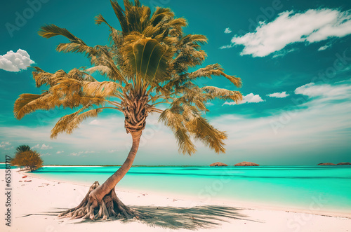 Beautiful palm tree on tropical island beach. Generative AI