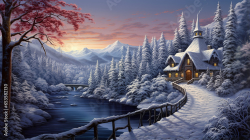 Winter Twilight Retreat: Snow-Covered Bridge and Cozy Cabin