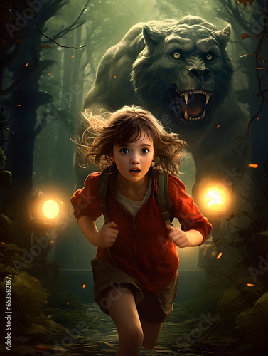 Monster and girl, girl running in dark forest, fantasy book cover illustration