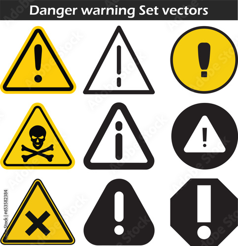 Danger warning icon set. alert triangle warn sign in black  yellow  and black color. exclamation sign.