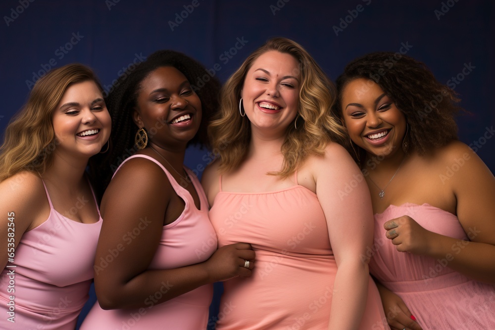 Obraz premium Four different-built women in pink clothes are standing next to each other and smiling. Body positive and plus size concept.
