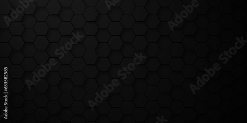 Background of abstract black 3d hexagon background design a dark honeycomb grid pattern. Abstract octagons dark 3d background. Black geometric background for design.