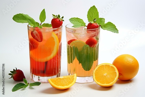 Two refreshing beverages with mint and strawberries on a white background, accompanied by green leaves and orange slices. Generative AI