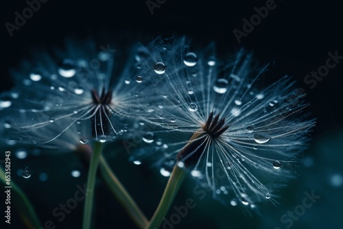 Close-up of dew-covered dandelion seeds on dark blue background. Generative AI