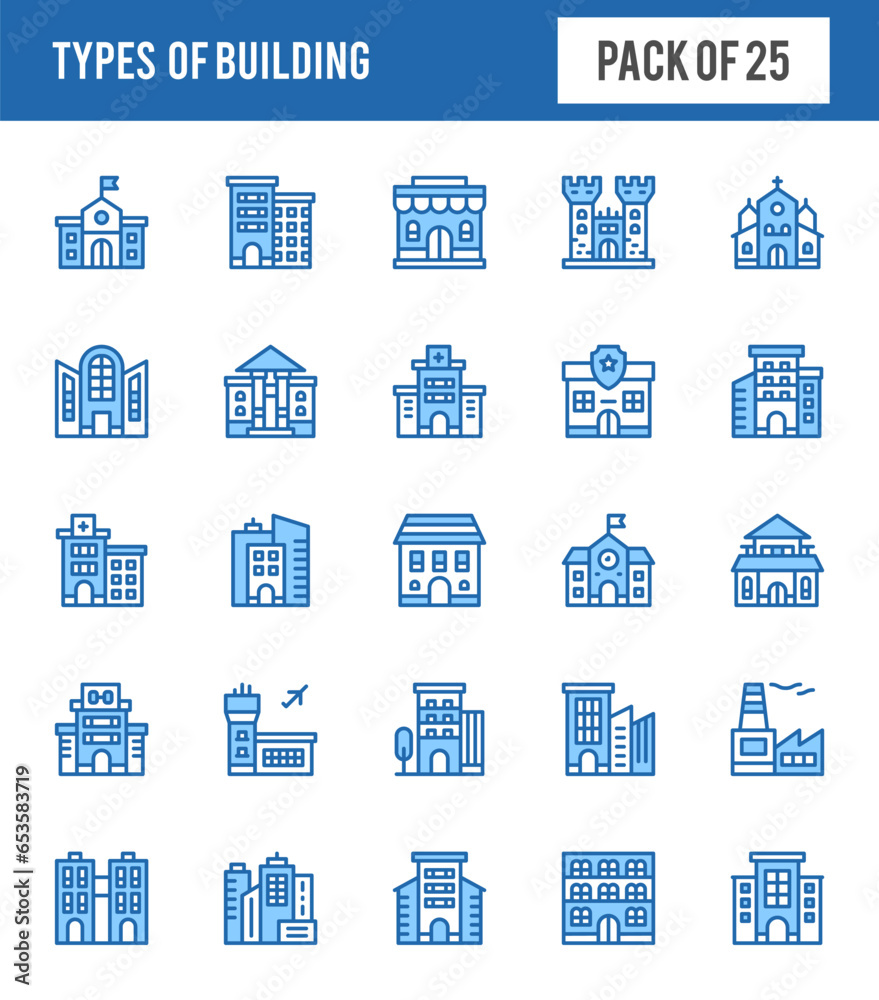 25 Types Of Building Two Color icons pack. vector illustration.