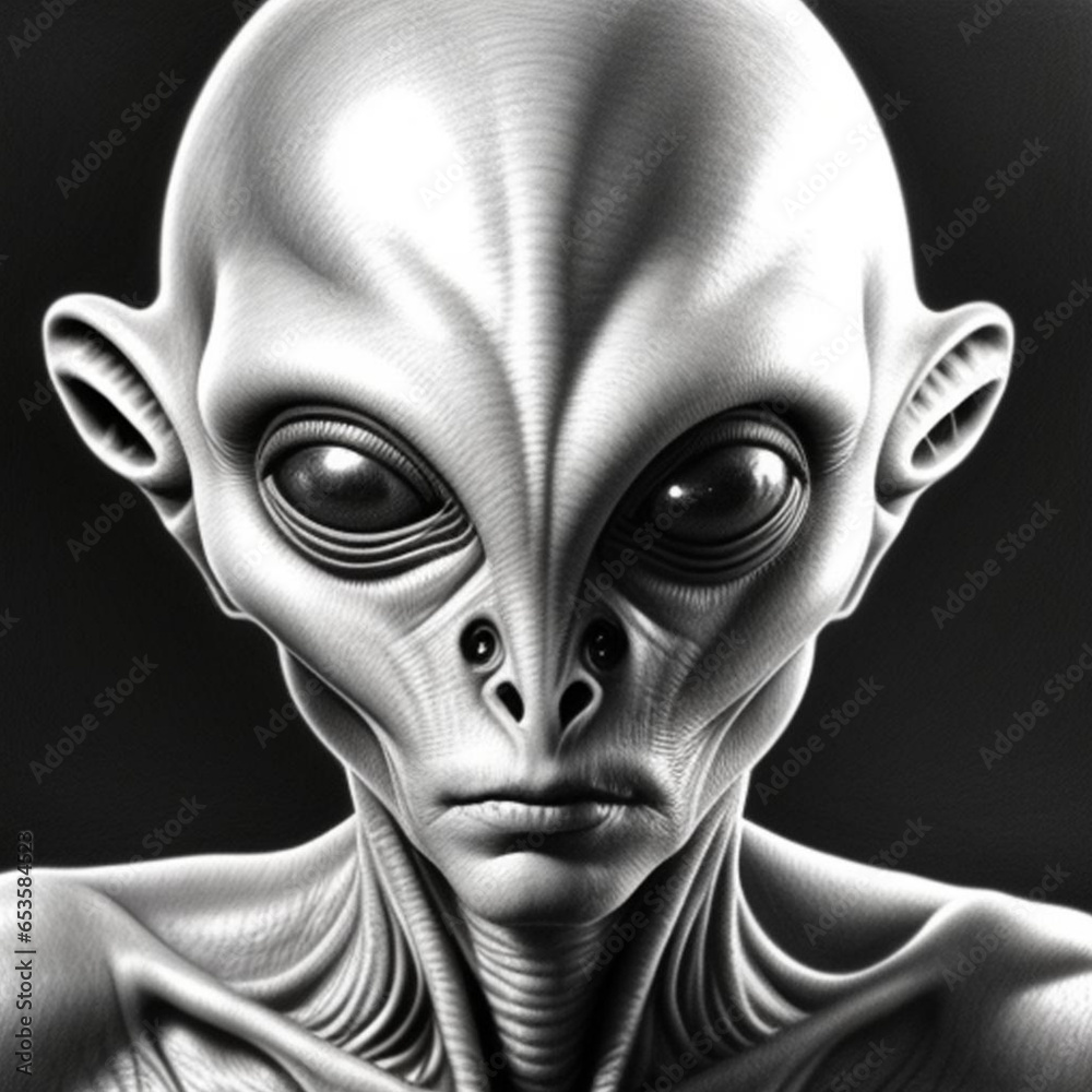 Monochrome fine detailed graphite pencil drawing portrait of an alien being from another planet. Generative AI Monochrome fine detailed graphite pencil drawing portrait of an alien being from another planet. Generative AI