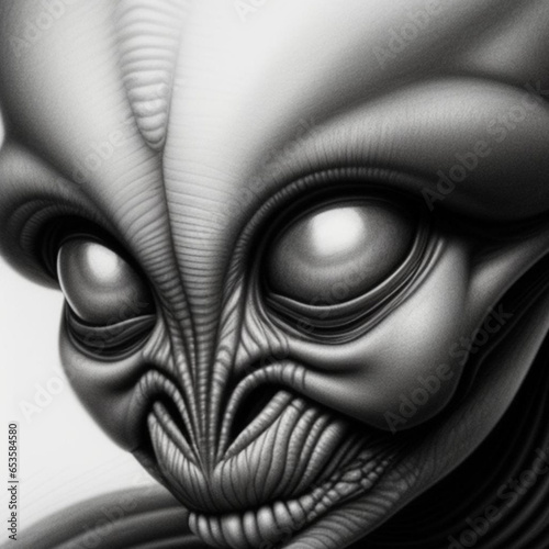 Monochrome fine detailed graphite pencil drawing portrait of an alien being from another planet. Generative AI