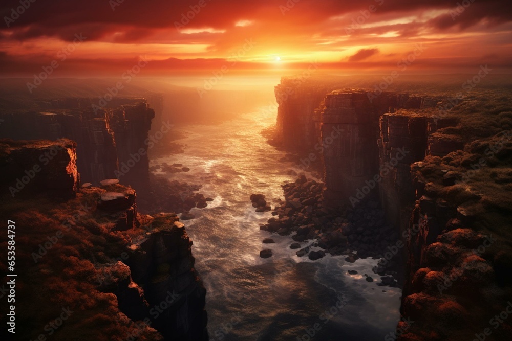 An awe-inspiring aerial shot of a stunning cliff sunrise, with a touch of magic, ideal as a background wallpaper. Generative AI