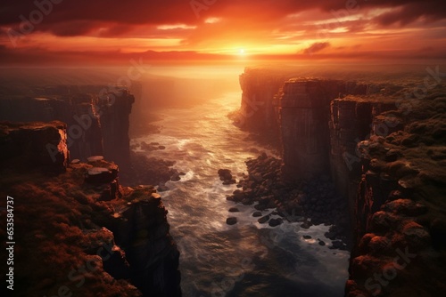 An awe-inspiring aerial shot of a stunning cliff sunrise, with a touch of magic, ideal as a background wallpaper. Generative AI