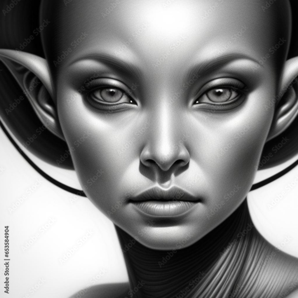 Monochrome fine detailed graphite pencil drawing portrait of an alien being from another planet.  Generative AI