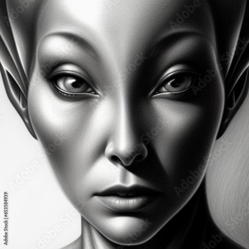 Monochrome fine detailed graphite pencil drawing portrait of an alien being from another planet. Generative AI