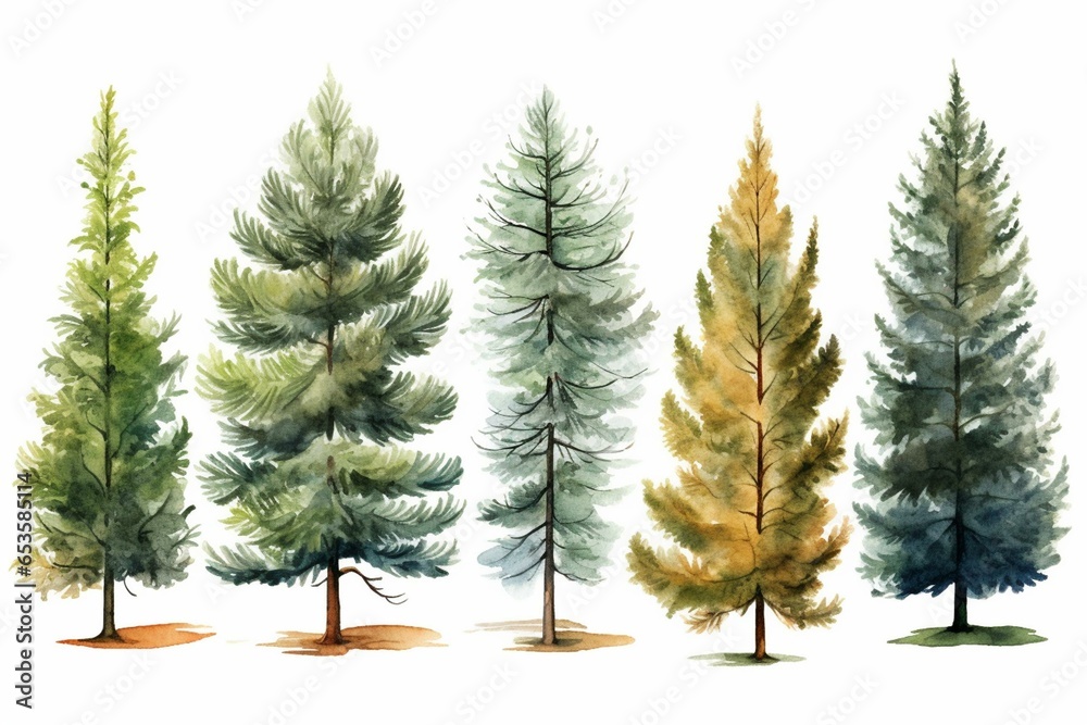 Set of watercolor trees - pine, spruce, ash, bush. Generative AI