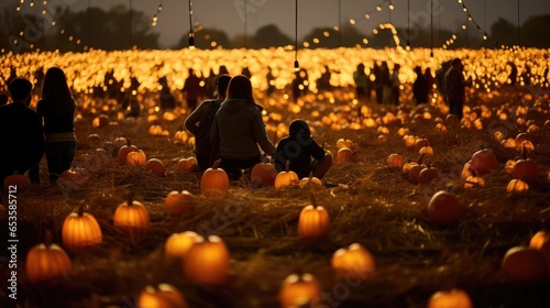 pumpkins on a pumpkin patch farm autumn fall festival with lights and people, Generative Ai