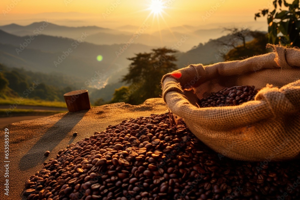 fragrant roasted coffee beans in sac on scenic hill at dawn. Generative AI - obrazy, fototapety, plakaty 