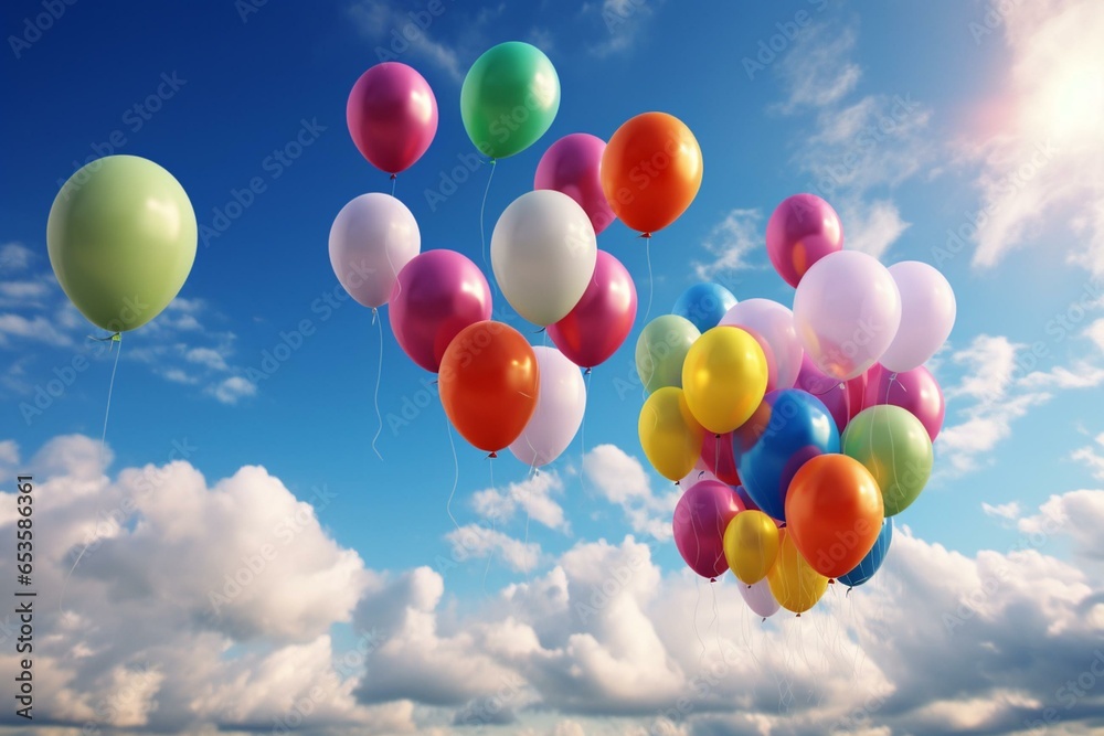 Colorful balloons hover in the bright sky amid fluffy clouds. Generative AI