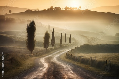 Sunrise in Tuscan countryside, road, morning mist. Generative AI