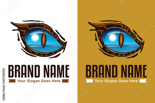 simple modern eye of a crocodile or reptile closeup with lake river illustration logo design