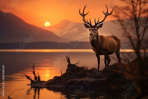 Sunrise on a majestic stag. Generative AI © Adair