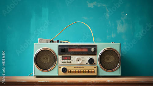 Retro outdated portable stereo boombox radio photo