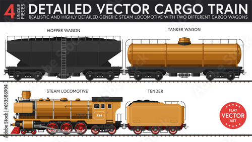 Highly detailed flat vector illustration of a set of generic cargo train parts with late steam era style. 4 unique pieces of equipment. Graphical resources.