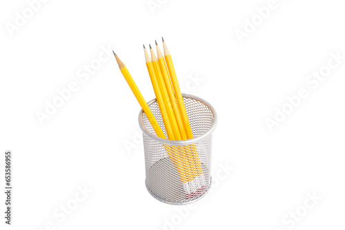 Pen holder full of pencils on isolated background