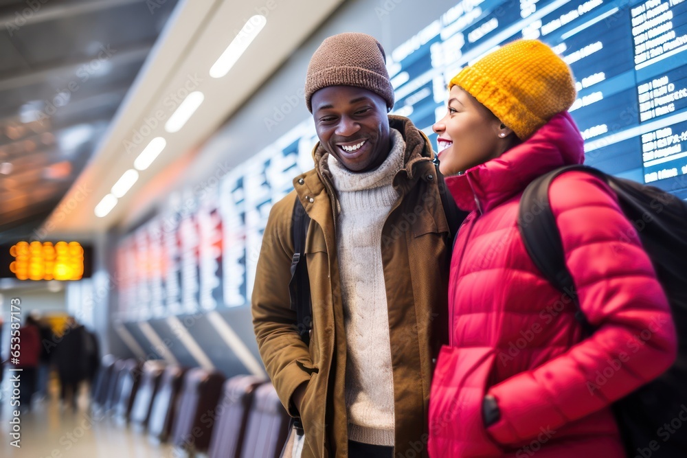 Photo of a young African American couple in front of an information board at the airport. They are waiting for the boarding announcement for flight.