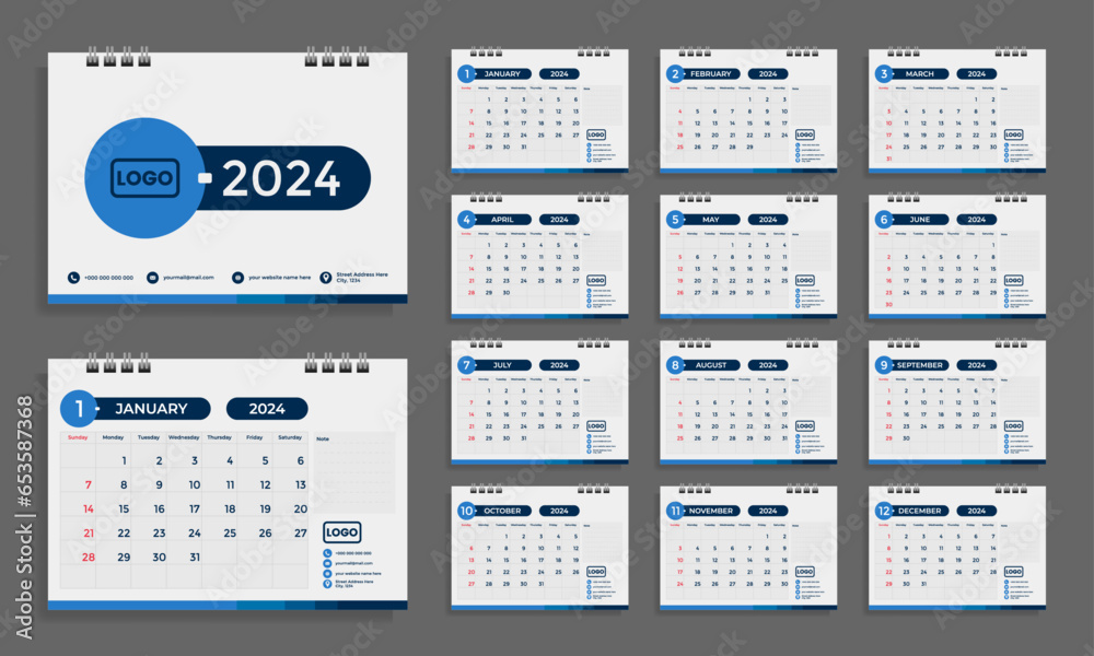 custom made wallpaper toronto digitalDesk calendar for 2024 year, week starts on sunday