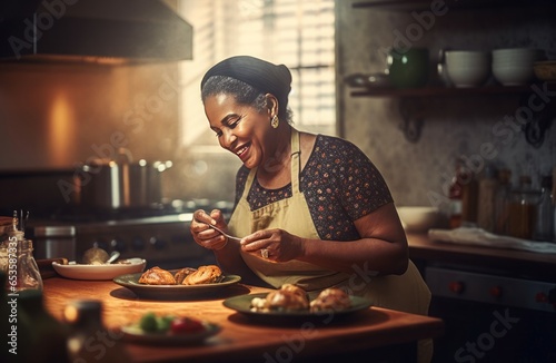 Black mature woman cooks. Business culinary. Generate Ai