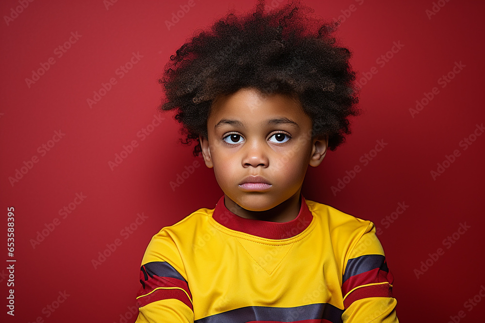 portrait of African-American boy on red background, wearing yellow jumper and afro hair portrait of African-American boy on red background, wearing yellow jumper and afro hair