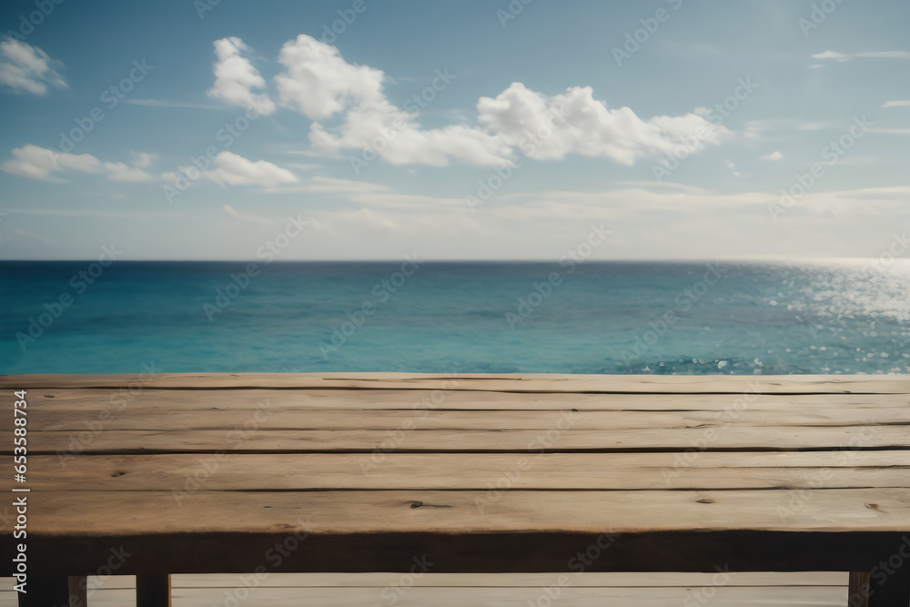 Fototapeta premium close up Wooden table on the background of the sea, island and the blue sky