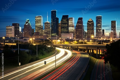 Cityscape of Houston, Texas, featuring downtown skyline and intersecting highways. Generative AI