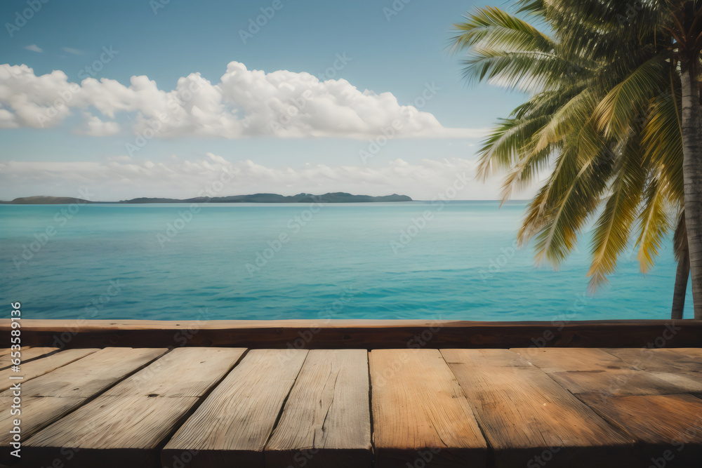 close up Wooden table on the background of the sea, island and the blue sky
