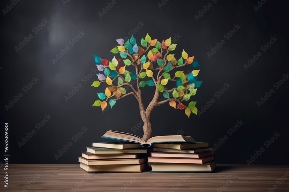 Book literacy day tree leaves. Nature study. Generate Ai - obrazy, fototapety, plakaty 
