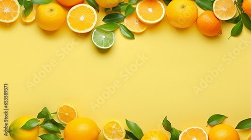 A citrus-themed wallpaper with oranges, lemons, and limes against a sunny yellow textured background, AI generated