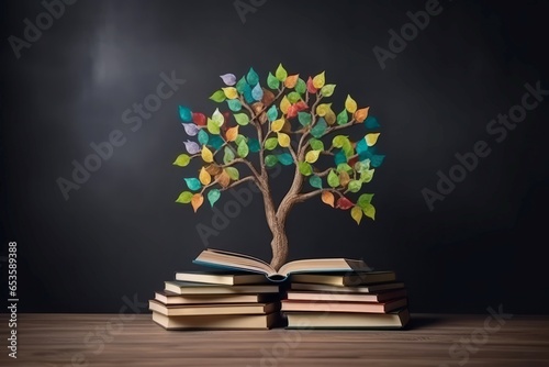 Book literacy day tree leaves. Nature study. Generate Ai