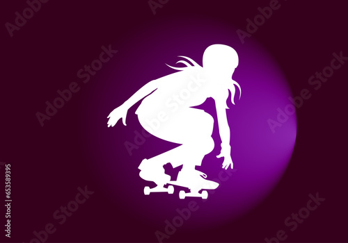 Silueta blanca de una patinadora sobre fondo degradado morado