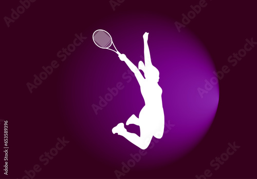 silueta blanca de una tenista sobre fondo degradado morado