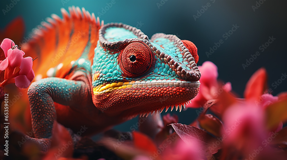 Chameleon on the flower. Beautiful extreme close-up. Made with generative ai - obrazy, fototapety, plakaty 