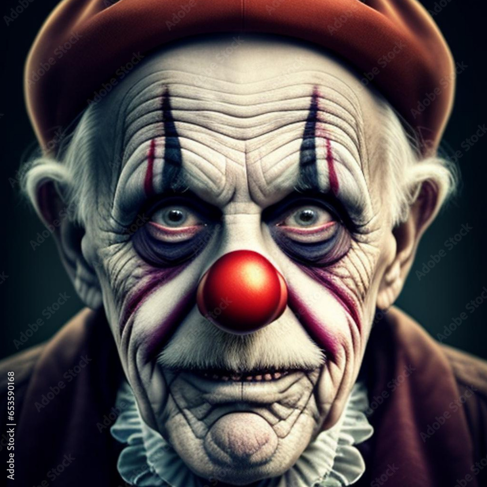 Atmospheric portrait of a sinister scary whiteface circus clown. Generative AI Atmospheric portrait of a sinister scary whiteface circus clown. Generative AI