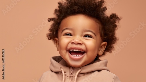 A radiant little girl with a bright smile on a neutral beige backdrop.