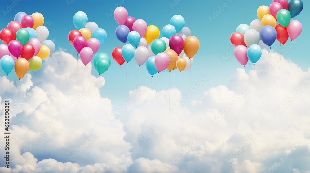 A joyful scene of colorful balloons ascending into a textured sky filled with fluffy clouds. The balloons are whimsically arranged against the backdrop. AI generated
