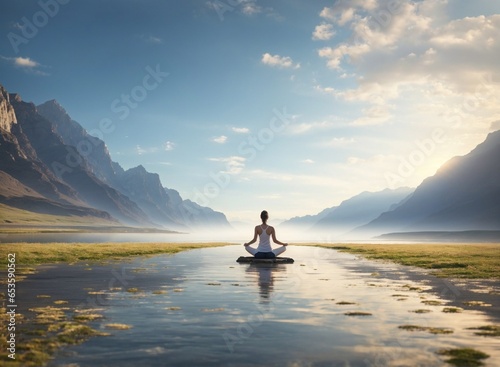 A young woman practicing yoga or meditating in the tranquil natural landscape 
