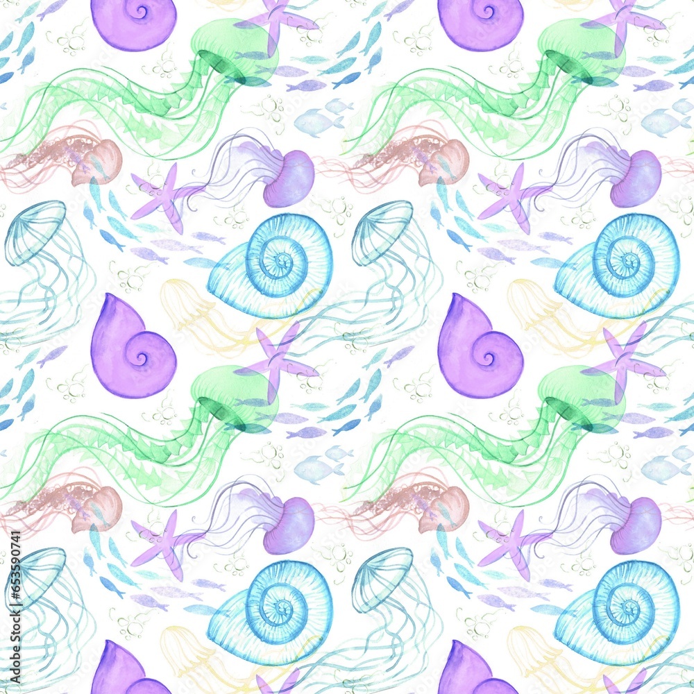 Underwater world watercolour seamless pattern