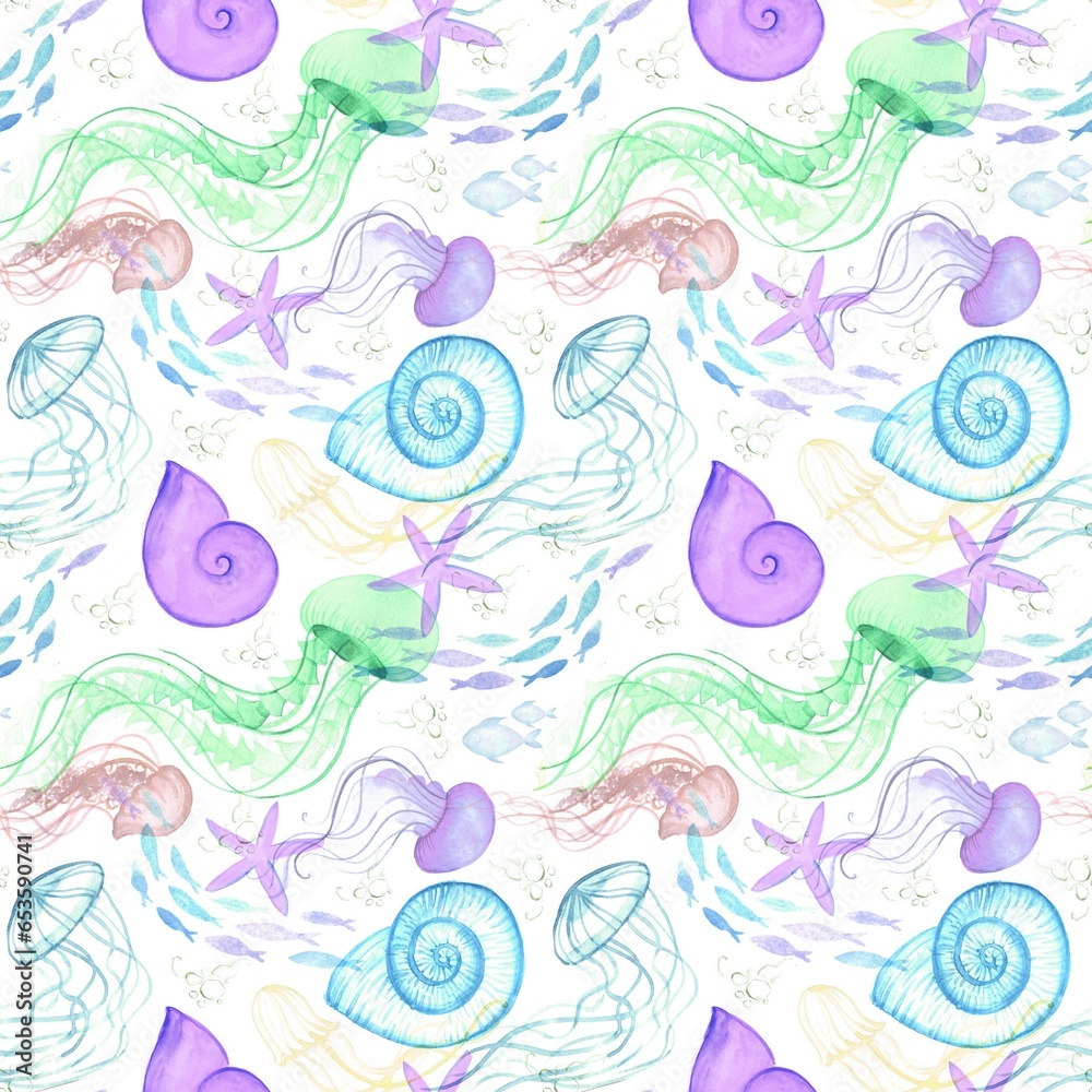 Underwater world watercolour seamless pattern Underwater world watercolour seamless pattern