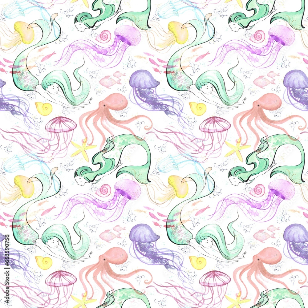 Mermaid watercolour seamless pattern, underwater world watercolour seamless pattern