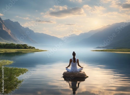 A young woman practicing yoga or meditating in the tranquil natural landscape 