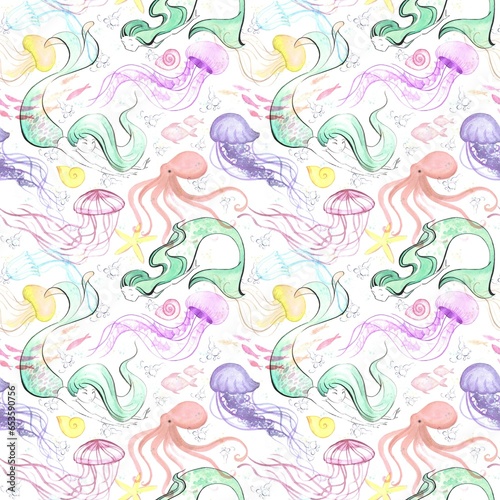 Mermaid watercolour seamless pattern  underwater world watercolour seamless pattern