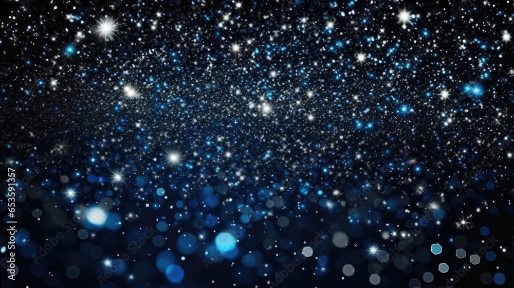 Obraz premium Electric blue confetti on&nbsp;black&nbsp;background. Black&nbsp;Friday sale, Christmas, New Year concept. Shiny sparkling glitters festive template for card, invitation, poster, banner.&nbsp;.
