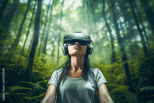 Young woman practicing meditation in futuristic way wearing VR headset